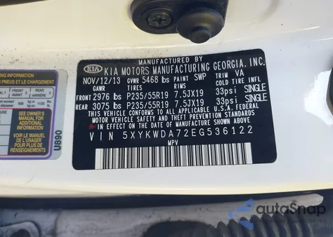 2014 Kia Sorento Limited V6 z USA, uszkodzony, nr VIN 5XYKWDA72EG536122